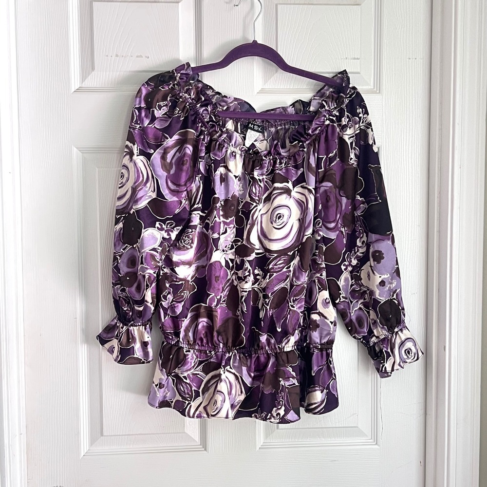 MSK Floral Peplum Blouse Womens Large Off Shoulder Ruffle Purple Rose Boho Top - Picture 6 of 11